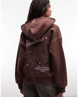 Daisy Street Zip Up Blanket Stitch Oversized Hoodie With Floral Embroidery - Brown
