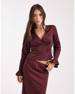 Wednesday's Girl V Neck Wrap Around Long Sleeve Floaty Top - Red