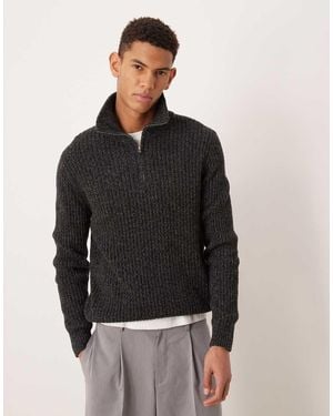 Mango Wool Mix Salt And Pepper Quarter Zip Polo Top - Black