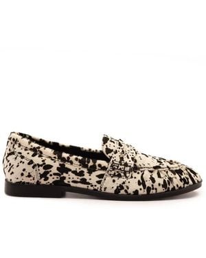 OFF THE HOOK Sienna Cow-Print Suede Leather Ruched Loafers - Black