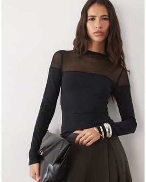 ASOS Cotton Mesh Mix Long Sleeve Top With Bardot Detail - Black