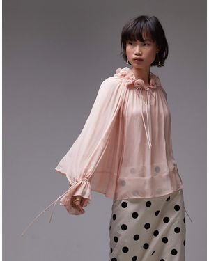 & Other Stories Sheer Blouse With Ruffled Neckline And Volume Sleeves - Pink