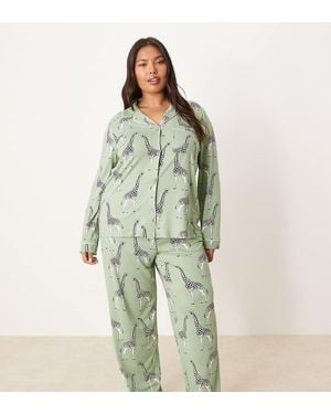 Chelsea Peers Exclusive Curve Long Sleeve Revere & Pant Pyjama Set - Green