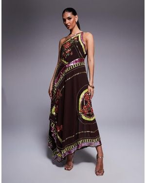 ASOS Vestito Lungo Con Gonna A Ruota Color Cioccolato E Motivo A Fiori Stile Foulard Con Decorazioni - Nero