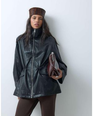 ASOS Cinched Waist Leather Look Harrington Jacket - Grey