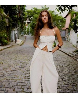 Bershka Petite Wide-leg Rustic Pleated Trousers - Green