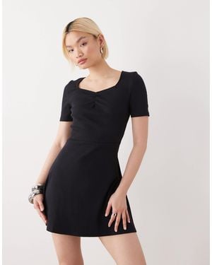 Noisy May Ribbed Square Neck Mini Skater Dress With Ruche Detail - Black