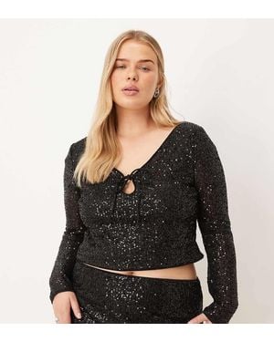 ASOS Asos Design Curve Allover Sequin Keyhole Long Sleeve Top - Black
