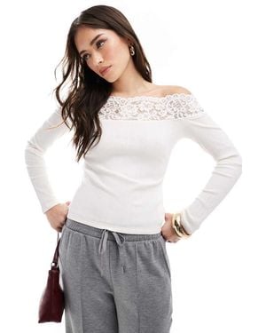 Morgan Lace Trim Fine Rib Bardot Long Sleeve Top - White
