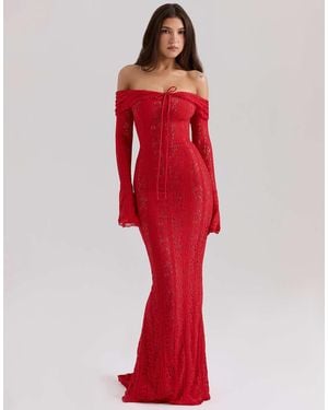 House Of Cb Belle Off Shoulder Floral Lace Maxi Dress - Red