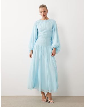 ASOS Long Sleeve Chiffon Tie Detail Maxi Dress - Blue