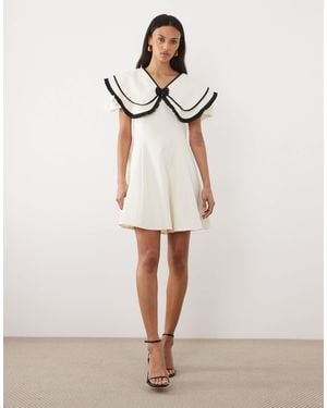 Sister Jane Oversized Collar Puff Sleeve Mini Dress With Detachable Beaded Bow - Natural