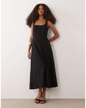 Mango 100% Cotton Square Neck Sleeveless Embroidered Midi Dress - Black