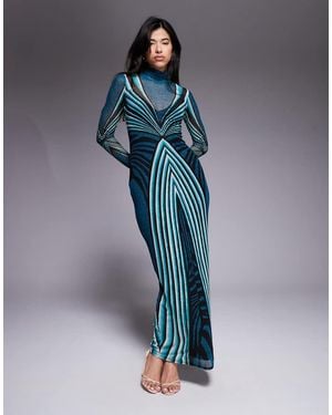 AFRM Stretch Mesh Abstract Stripe High Neck Long Sleeve Maxi Dress - Blue