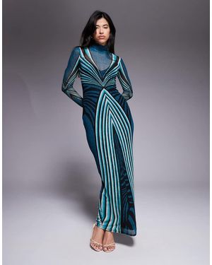 AFRM Hoogsluitende Maxi Jurk Van Mesh Met Lange Mouwen En Abstracte Strepen - Blauw