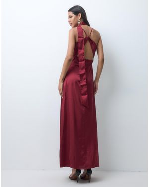 Jdy Cowl Neck Satin Maxi Dress With Open Back And Scarf - Red