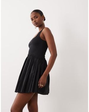 ASOS Scoop Ribbed Bodice With Poplin Skirt Mini Dress - White