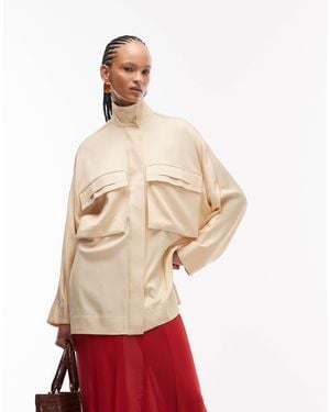 ASOS Satin Shacket With Concealed Placket And High Neck Detail - White