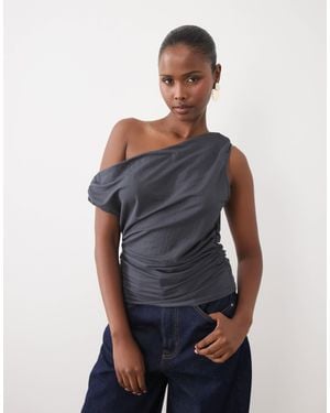 ASOS Linen Look Asymmetric Cowl Neck Top - Blue
