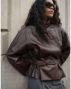 NA-KD Belted Detail Faux Leather Jacket - Brown
