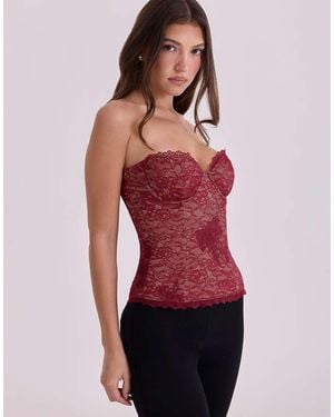 House Of Cb Yara Wine Lace Strapless Corset Top - Red