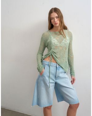 TOPSHOP Knitted Fine Long Sleeve Ruched Top - Green