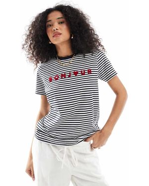 French Connection Camiseta A Rayas Azul Marino Y Blancas Con Estampado "Bonjour" De