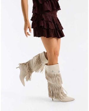 Bershka Fringed Heeled Boots - Natural