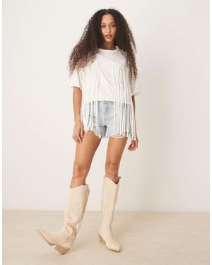 ASOS Boxy Cropped T-shirt With Fringe Detail - Natural
