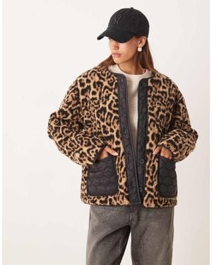 ASOS Leopard Borg Jacket With Quilted Nylon Detail - Natural