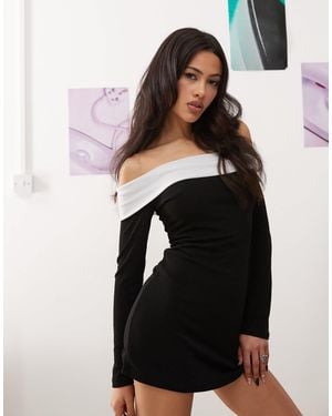 Princess Polly Contrast Foldover Bardot Long Sleeve Mini Dress - Black