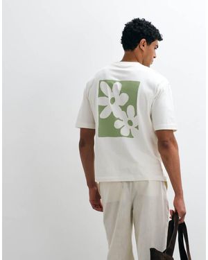 SELECTED T-Shirt Comoda Pesante Selezionata Color Crema Con Stampa Astratta Di Fiori Verdi Sul Retro - Bianco