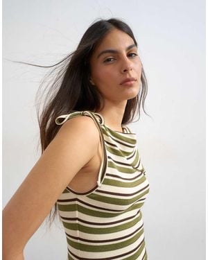 TOPSHOP Stripe Fold Over Tie Shoulder Tank - Green