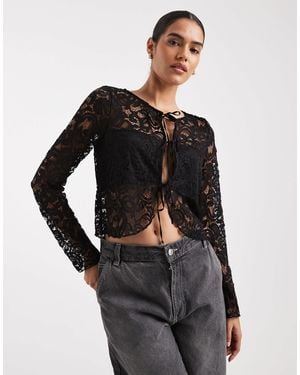ASOS Lace Long Sleeve Tie Front Top - Black