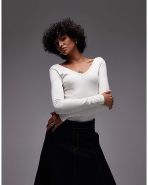 TOPSHOP Rib V-neck Long Sleeve Curved Hem Top - Gray