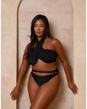 Moda Minx Curve X Alessa Tyrrell-charles High Waisted Bikini Bottoms With Shell Trim - Brown