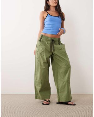 Lioness Fever Cotton Shirred Tie Waist Wide Leg Utility Trousers - Green