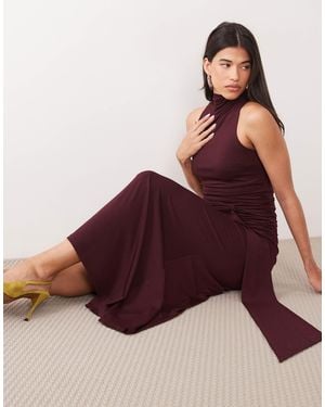 Pretty Lavish Slinky High Neck Tie Front Ruched Maxi Dress - Brown