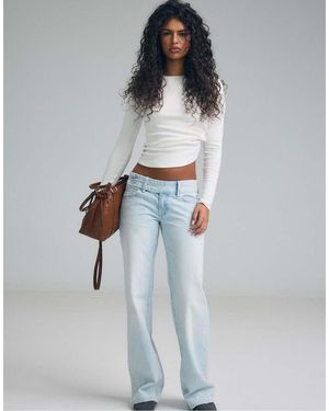 Stradivarius Jeans Met Rechte Pijpen, Lage Taille En Gehamerde Tailleband - Wit