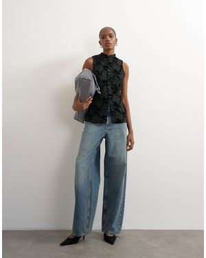 TOPSHOP Mandarin Lace Velvet Mix Button Down Longline Top - Blue