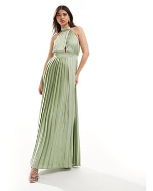 TFNC London Bridesmaid Satin Pleated Halter Neck Maxi Dress With Full Skirt - Green