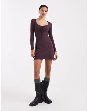 Brave Soul Long Sleeve Jersey Mini Dress With Tie Front Detail - Purple