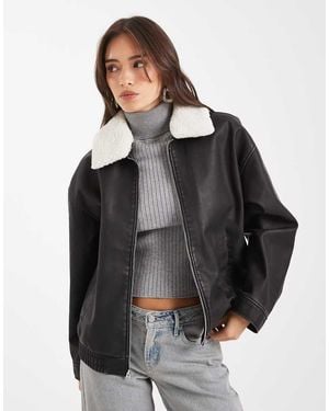 Hollister Sherpa Collar Faux Leather Bomber Jacket - Black