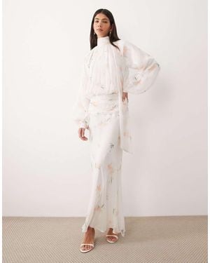 ASOS High Neck Draped Chiffon Maxi Dress With Neck Tie - Natural