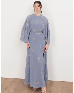 Maya Floral Embellished Cape Sleeve Maxi Dress - Blue