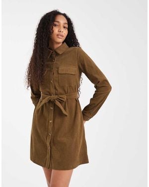Threadbare Cord Button Through Shirt Dress - Brown