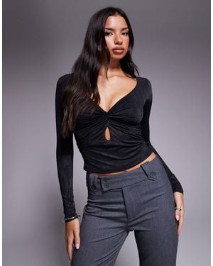 Tiger Mist Saffira Long Sleeve Plunge Neck Cut-out Detail Textured Top - Black
