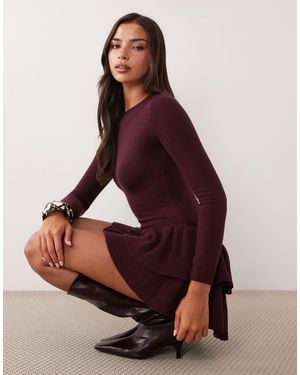 Aria Cove Knitted Long Sleeve Ruffle Skirt Mini Dress - Red