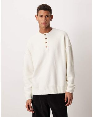 ASOS Relaxed Knitted Fluffy Henley Neck Jumper - White