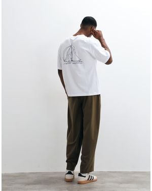 SELECTED Relaxed Fit T-shirt With Navy Sailing Boat Print - White